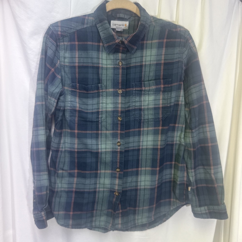 Carhartt‎ Woman Medium Navy/Green/Orange Long Sleeve Button Front Flannel Shirt